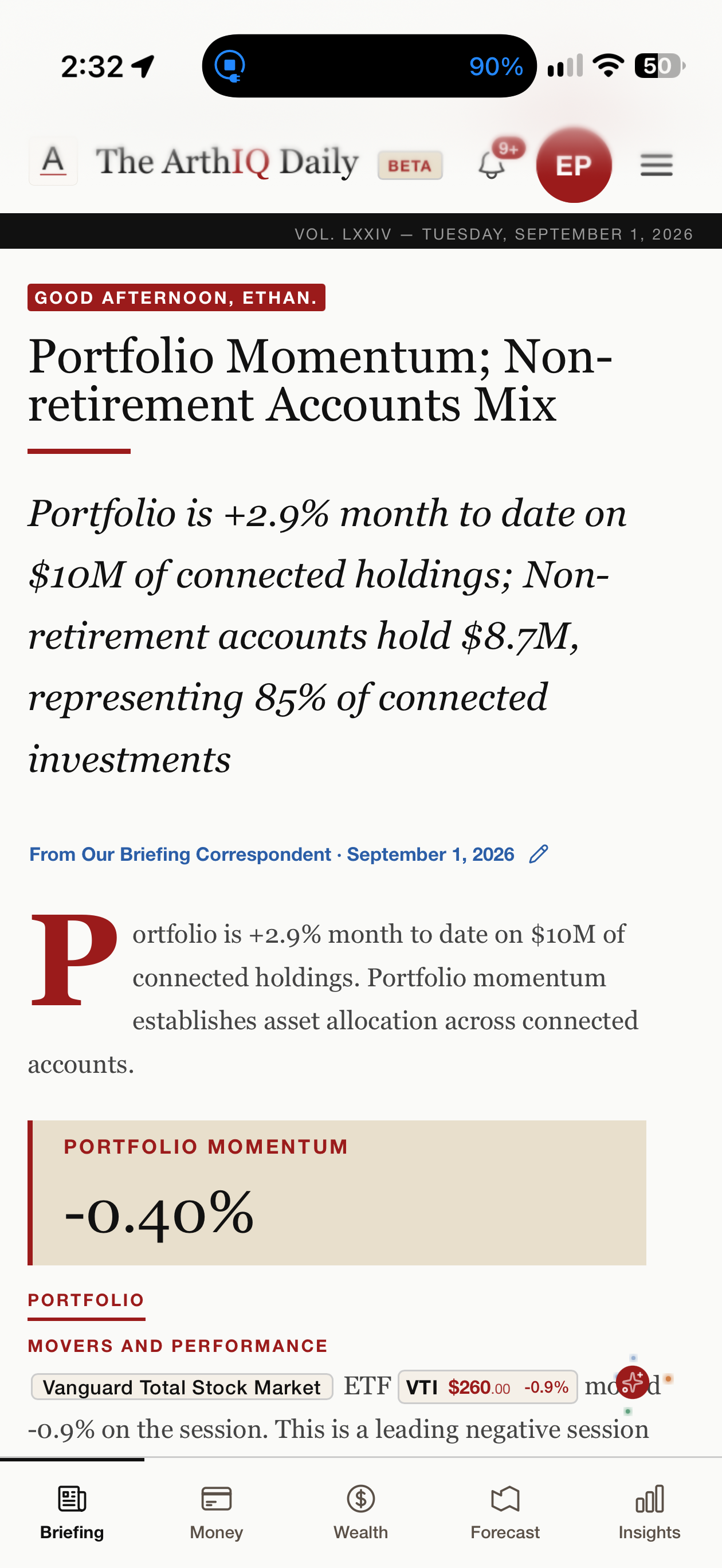 The ArthIQ Daily money desk product screenshot.